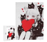 500 PCS Puzzle Per Adolescenti Cute Anime Neko Girl with Red Heart And Black Cats Puzzle Per Adolescenti Giochi Per Famiglie Analisi E Sfida Educativa Logica 500 PCS