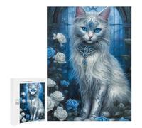 500 PCS Puzzle Per Adolescenti Enchanted White Cat with Blue Roses Puzzle Per Adolescenti Gioco Rompicapo Migliora La Memoria Regali Di Natale Compleanno 500 PCS