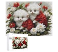 500 PCS Puzzle Per Adolescenti Fluffy White Kittens with Red Flowers Puzzle Per Adulti Giocattolo Decorazione Da Parete Un'opera D'arte Regalo Di Compleanno, Regali, 500 PCS
