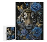 500 PCS Puzzle Tiger with Blue Roses And Butterflies Puzzle Per Adolescenti Migliora La Memoria Difficile E Stimolante Rompicapo Giochi Per Famiglie 500 PCS