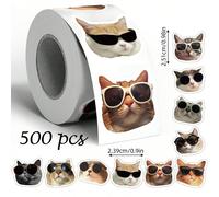 500 pezzi Adesivi a rotolo con gatti che indossano occhiali alla moda e graffiti, gatto cartoni animati asimmetrico da 1 pollice, per buste, riviste, custodie per telefoni, primo giorno di scuola Anim