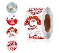 500 Pezzi Adesivi Natalizi Etichette, Etichette Adesive Natale 4 disegni, Adesivi Natalizi Rotolo, Buon Natale Adesivi, Rotonde Sticker Rotoli per Forniture per Feste Natalizie (Rosso)