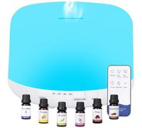 500ML Diffusore di Oli Essenziali con 6 * 10ml Olio Essenziale e Telecomando, Aromaterapia Diffusore di Aromi Senza BPA, Ultrasuoni Umidificatore con 7 Colori LED, Spegnimento Automatico,Bianco