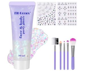 50ml Body Glitter Gel Bianco con 2x Gemme Strass Autoadesivi e Pennello, DIY Brillantini Viso Make Up per Festival, Glitter Viso con Paillettes e Strass per Trucco, Corpo, Occhi