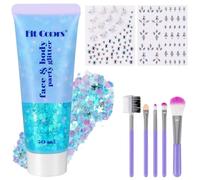 50ml Body Glitter Gel Blu con 2x Gemme Strass Autoadesivi e Pennello, DIY Brillantini Viso Make Up per Festival, Glitter Viso con Paillettes e Strass per Trucco, Corpo, Occhi