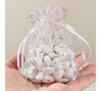 50pz Sacchetti Organza Portaconfetti Bomboniere Comunione Santa Cresima Battesimo Nascita Bimba Bimbo, Sacchettini Confetti Bianco Prima Comunione Feste