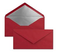 50x Buste formato lunghe - Colore: Rosso scuro - con rivestimento interno metallizzato argento - 110 x 220 mm - Colla a umido - Buste festive per Natale