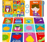 51 PCS Carte Cognitive Spagnole per Bambini, Stampate su entrambi i lati 7 in 1 Carte Colorate Alfabeto, Numeri, Cibi, Animali, Forme, Colori con 2 Anelli Richiudibili