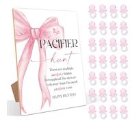 51 pz Ciuccio Hunt Baby Shower Game, include 1 cartello in legno e 50 ciucci, rosa fiocco tema genere rivelare giochi, decorazioni rosa baby shower, annuncio neonato forniture per feste, 1