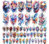 52 tatuaggi temporanei realistici per donne e adulti, a lunga durata, impermeabili, tatuaggi adesivi con fiori finti 3D, rose, uccelli, lupo, fiori, braccia, collo, body art per regali (sicuri per
