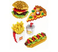 525 Piccoli mattoncini, set di mini mattoncini da costruzione in plastica, serie fast food, con modelli di hamburger, patatine fritte, hot dog, pizza, fornisce disegni di assemblaggio stereoscopici ad