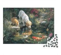 52x38cm/1000pcs Puzzle Impossibili Un cane e un gatto bevono insieme presso uno stagno di carpe Koi Decorazione Per La Casa. Rilassamento E Intelligence Per Adulti