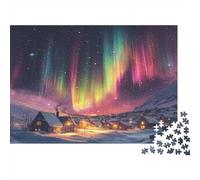 52x38cm/1000pcsSpettacolo di aurora boreale psichedelica su una città innevata Jigsaw,Villaggio Puzzle Fai Da Te Per Adulti E Folla Dai 14 Anni in Su