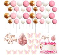 54 Pezzi Decorazione per Torta a Sfera, XingyLi Mini Palloncini Rosa e Oro con Palma, Farfalla e Happy Birthday, Decorazione per Torta a Sfera per Compleanno e Matrimonio