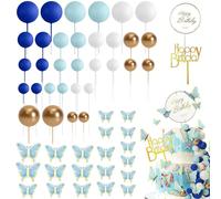 54 Pezzi Happy Birthday Cake Topper per Torta di Farfalla, Farfalle Decorative Torta, Topper per Torta con Mini Palloncini, palline per decorare torte, Per Della Festa Baby Shower (Blu)