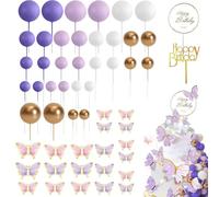 54 Pezzi Happy Birthday Cake Topper per Torta di Farfalla, Farfalle Decorative Torta, Topper per Torta con Mini Palloncini, palline per decorare torte, Per Della Festa Baby Shower (Viola/Rosa)