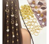 55 pezzi Anelli per capelli da giardino bianchi puri con perle, cuori, farfalle, margherite e camelie - Eleganti fascette per capelli regolabili per le dreadlocks delle ragazze Blocchi di coloreFerro