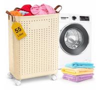 55L Collapsible Laundry Basket with Wheels - Foldable Slim Laundry Hamper for Dorm, Apartments - Portable Clothes Organizer Carts with Wheels, Handles - Collapsible Storage Bins for Clothes, Toys