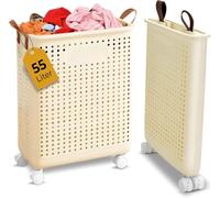 55L Foldable Laundry Basket with Wheels - Slim Rolling Laundry Hampers for Dorm, Apartments - Portable Clothes Organizer Storage Basket with Handles - Collapsible Storage Bins for Clothes, Toys