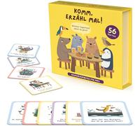 56 carte di conversazione per bambini - carte narrative, auto-riflessione, fantasia e scambio - 4 categorie con domande adatte ai bambini - Gioco di famiglia per conversazioni aperte + scatola