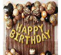 58 pezzi Decorazioni per compleanno con stampa leopardata, palloncini neri, marroni e dorati, lettere in foil "Buon Compleanno", tenda con nappine, decorazioni per feste di compleanno, addii al nubila