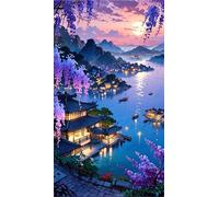 5D Diamond Art Painting,Island Village Sea Diamond Painting Kits for Adults,DIY Round Full Drill Canvas Embroidery Cross Stitch,Diamond Arts Crafts Painting Pictures for Home Wall Decor 100x210cm