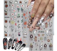 5D Solief Halloween Nail Sticker, 5 fogli autoadesivi, fantasmi carini, ragnatela, teschi, fiori, decorazione unghie per donne, manicure per feste