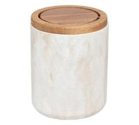 5five - Mini cestino da tavolo - Effetto marmo beige, coperchio in legno - Diametro 11,9 x Altezza 15,8 cm - Per bagno, cucina, ufficio
