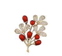 5pc Elegant Red Color Beads Crystal Flower Leaf Brooches For Women Rhinestone Wreath Tree Lapel Pin Party Wedding Jewelry Gifts(Light Yellow Gold Color)