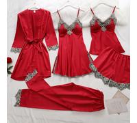 5PC Seta Pigiama Vestaglia Sonno Set Donna Pizzo Raso Abito Cami Pantaloncini