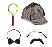 5Pcs Accessori per Costume da Detective, Accessori per Costume da Sherlock Holmes con Cappello Detective, Occhiali Falsi Baffi, Lente di Ingrandimento, Papillon Detective per Cosplay
