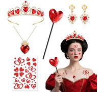 5PCS Accessori Regina di Cuori Costume Donna Bambina, Tiara Corona Regina di Cuori Scettro Orecchini Collana Cuore Rosso Glitter Adesivi Tatuaggio, Accessori Costume Carnevale Halloween Cosplay
