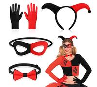 5PCS Costume Clown Halloween Donna Bambina, Cerchietto Maschera Papillon Guanti, Accessori Pagliaccio Harley Quinn per Feste di Carnevale