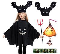 5pcs Costume Halloween Bambino, Costume Fantasma Bambino, Vestito Halloween Fantasma con Cappello da Pipistrello Borsa Forchetta da Diavolo e Adesivi Tatuaggi per Festa di Halloweens Carnevale Cosplay