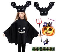 5pcs Costume Halloween Bambino, Costume Fantasma Bambino, Vestito Halloween Fantasma con Cappello da Pipistrello Borsa Forchetta da Diavolo e Adesivi Tatuaggi per Festa di Halloweens Carnevale Cosplay