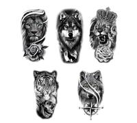 5PCS Wolf Lion Waterproof Temporary Tattoo Sticker Tiger Rose Flower Dragon Snake Skull Animal Body Art Arm Fake Tatoo Men Women(5Pcs B)