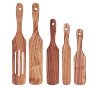 5Pcs Wooden Spatulas Turner Set, Cooking Utensil Kit with Hanging Hole, Natural Teak Wood Kitchen Tools for Stirring Mashing Non Stick Cookware Accessories