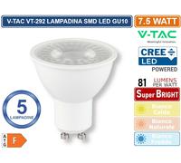 5PEZZI V-TAC VT-292 LAMPADINA LED GU10 7,5W FARETTO PAR16 610LM SMD CHIP CREE [EEK: F]