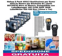 5pz A45013 12 mm X 7metri, Nastro Etichette Compatibile Dymo D1, Nero Su Bianco