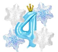 5pz Decorazioni Palloncini Neve Feste Compleanno, Numero Blu e 4pz Palloncini Fiocco Neve Decorazioni e Bomboniere per Feste Compleanno a Principessa Blu Paese Meraviglie Invernale(Numero 4)