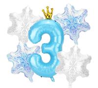 5pz Decorazioni Palloncini Neve Feste Compleanno, Numero Blu e 4pz Palloncini Fiocco Neve Decorazioni e Bomboniere per Feste Compleanno a Principessa Blu Paese Meraviglie Invernale(Numero 3)