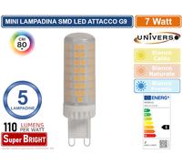 5PZ LAMPADINA LED G9 SPOTLIGHT 7W TUBOLARE SMD CHIP 770 LUMEN 3000K 4000K 6500K [EEK: E]