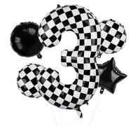 5pz Palloncini a Scacchi, Palloncino con Numero a Scacchi da 101,6cm Palloncini di Compleanno con Numero di Auto da Corsa in Bianco e Nero per Decorazioni a Tema Auto da Corsa(Numero 3)