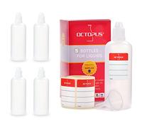 5x Bottigliette per liquidi 100 ml con imbuto, ad esempio per liquidi per sigarette elettroniche, bottiglie contagocce e dispenser a gocce + tappo scuro con sistema di sicurezza per bambini