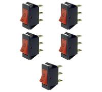 5x Deviatore ON-OFF-ON a bilanciere, tasto rosso, unipolare SPDT, 3 posizioni, marcatura I-0-II, rettangolare, autobloccante, da pannello, foro 27x12mm, portata 220V 230V 16A, contatti 6,35mm