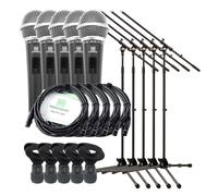 Pronomic DM-58 Microfono Vocale Set Starter da 5 (5x microfono dinamico a mano con interruttore, direzionalità: supercardioide, incl. 5 supporti, 5 morsetti + 5x cavi XLR da 5m)