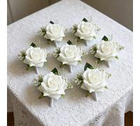 6/1 pezzo Boutonnière di rosa bianca con gipsofila, spilla da bavero in seta realistica per sposo, testimoni, matrimoni, ballo di fine anno, ritorno a casa e occasioni autunnali rustiche, estate, spia