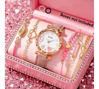 6/1 pezzo Orologio al quarzo da ragazza con quadrante a forma di cuore con motivo a fuochi d'artificio, adatto per le ragazze, abbinato a un elegante set di braccialetti a forma di foglia, adatto come
