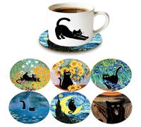 6/1 pezzo Sottobicchieri a forma di gatto nero, progettati con la notte stellata e le famose pitture di Van Gogh come caratteristiche aggiuntive, adatti per la decorazione della tavola da pranzo domes