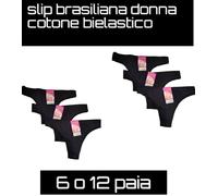 6-12 SLIP BRASILIANO DONNA COTONE BIELASTICO NERO VITA BASSA MUTANDE BRASILIAN